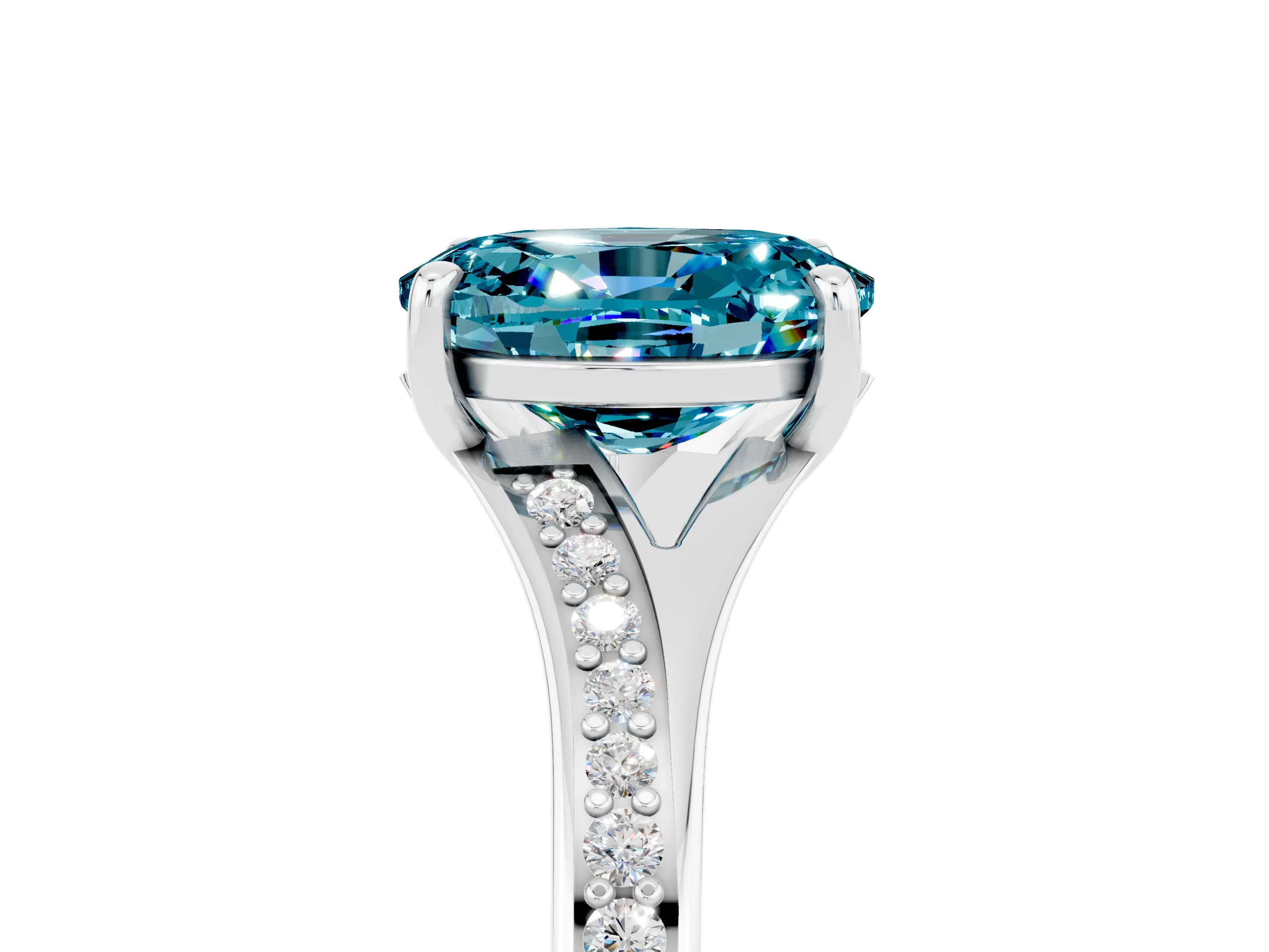 White gold Oval Cut Blue Topaz Solitaire Ring with Pavé Band and Prong Setting_5