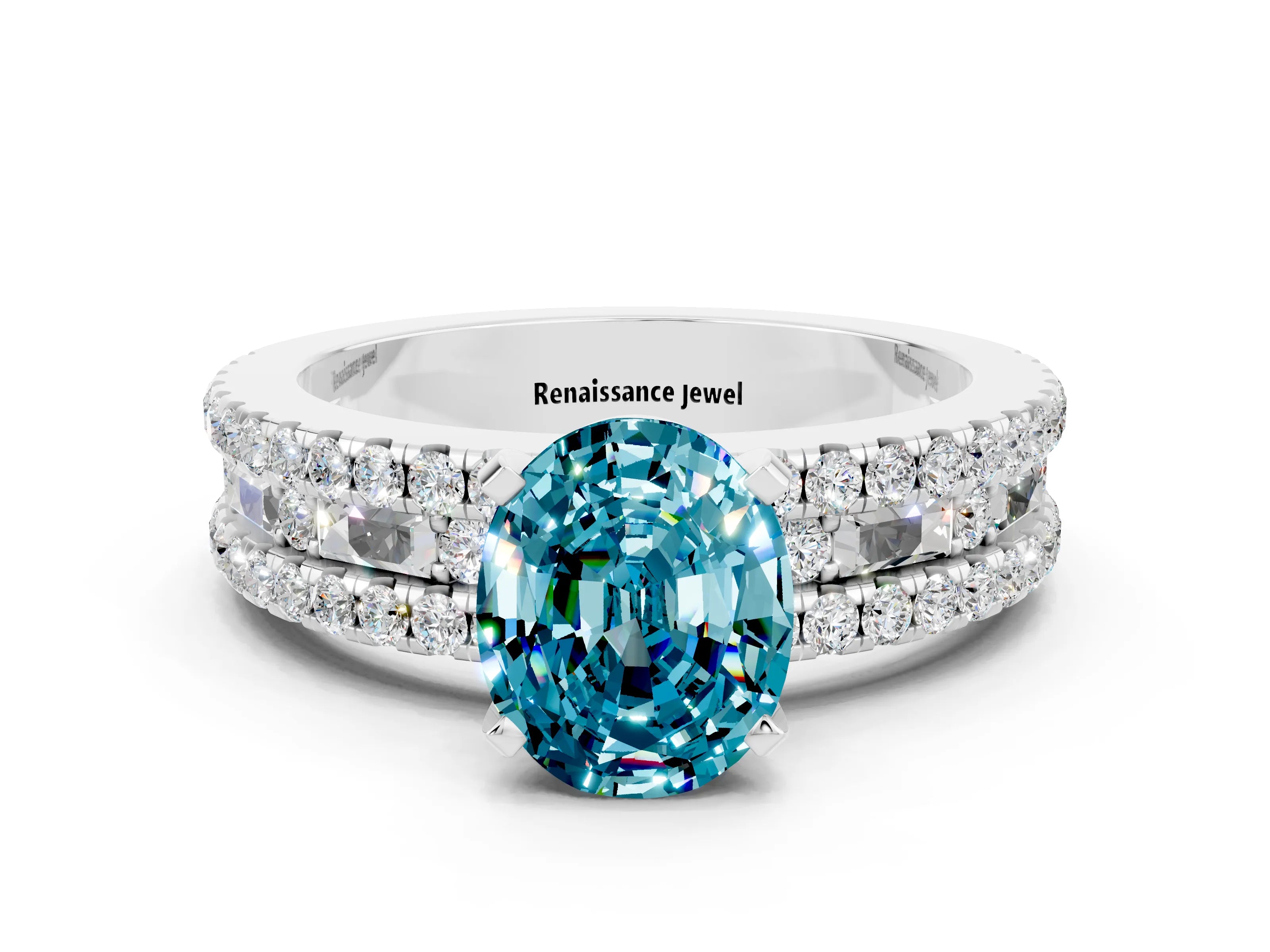 White gold Oval Cut Blue Topaz Solitaire Ring with Pavé and Channel Set Band