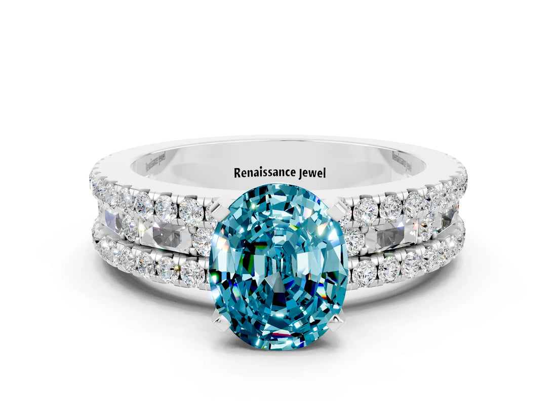 White gold Oval Cut Blue Topaz Solitaire Ring with Pavé and Channel Set Band