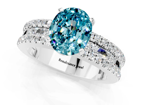 White gold Oval Cut Blue Topaz Solitaire Ring with Pavé and Channel Set Band