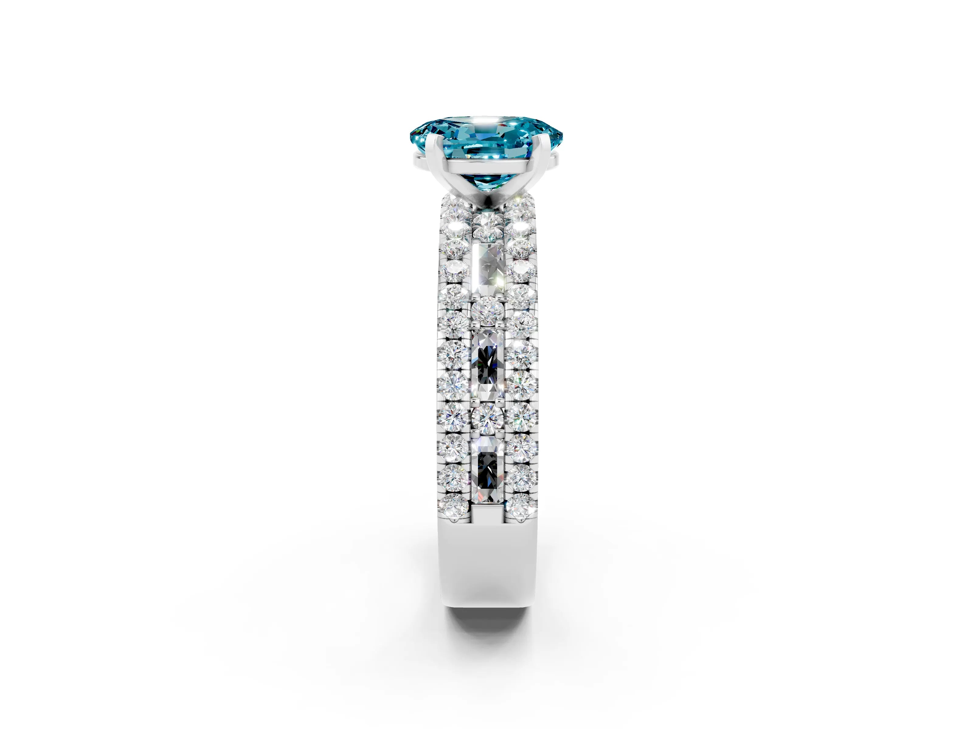 White gold Oval Cut Blue Topaz Solitaire Ring with Pavé and Channel Set Band_2