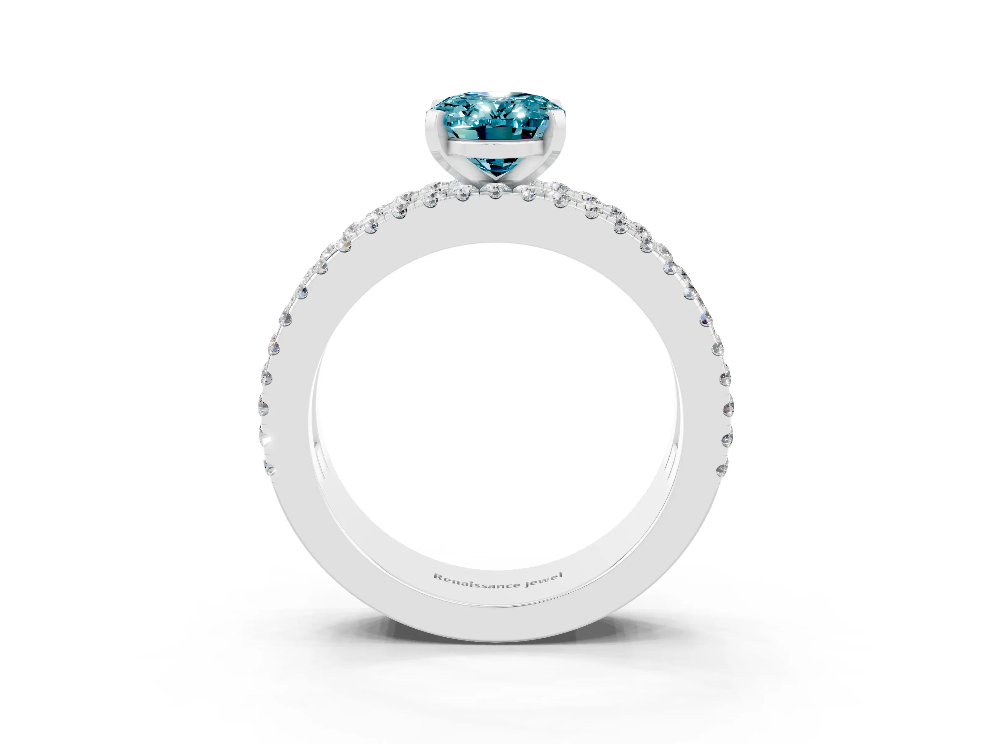 White gold Oval Cut Blue Topaz Solitaire Ring with Pavé and Channel Set Band_3