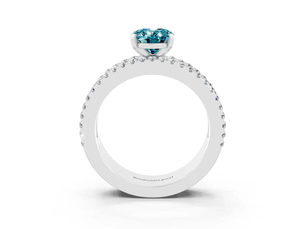 White gold Oval Cut Blue Topaz Solitaire Ring with Pavé and Channel Set Band