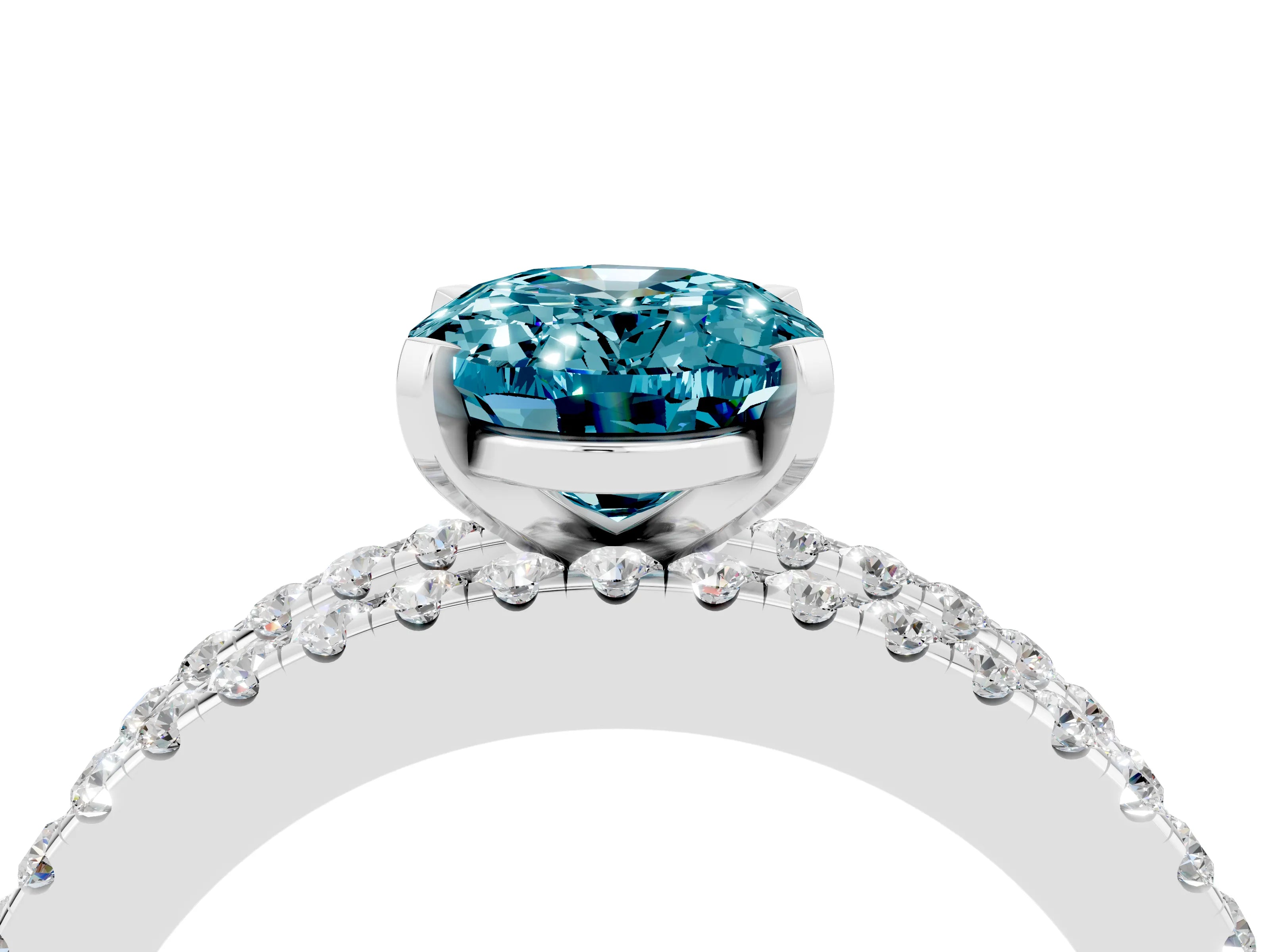 White gold Oval Cut Blue Topaz Solitaire Ring with Pavé and Channel Set Band_4