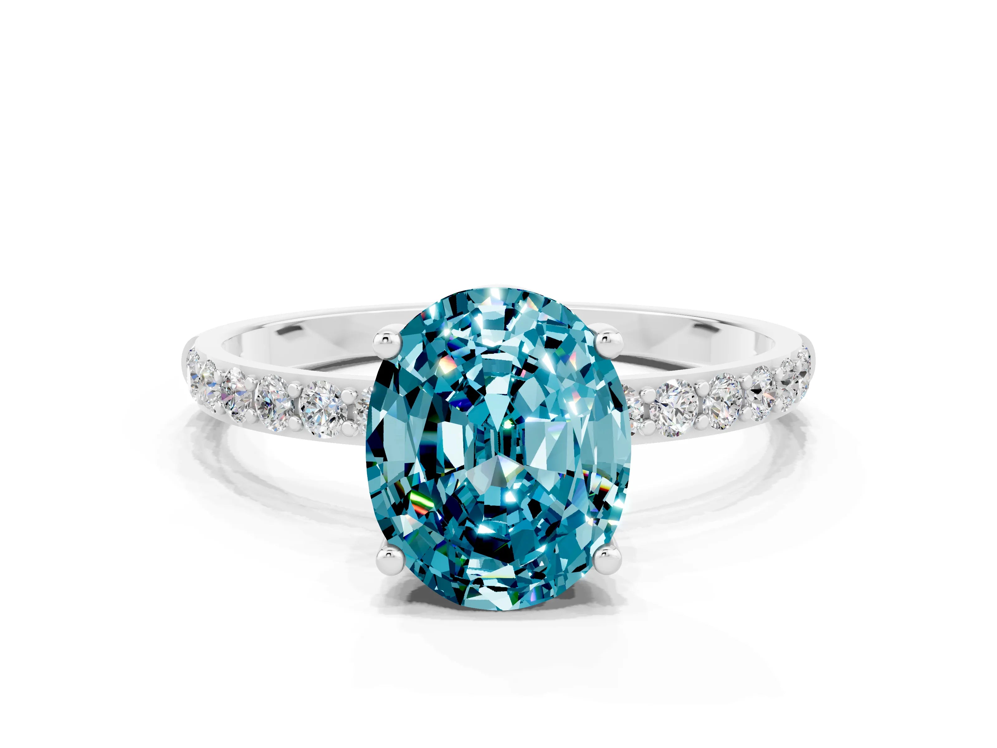 White gold Oval Cut Blue Topaz Solitaire Ring with Pave Band and Four Prong Setting_12
