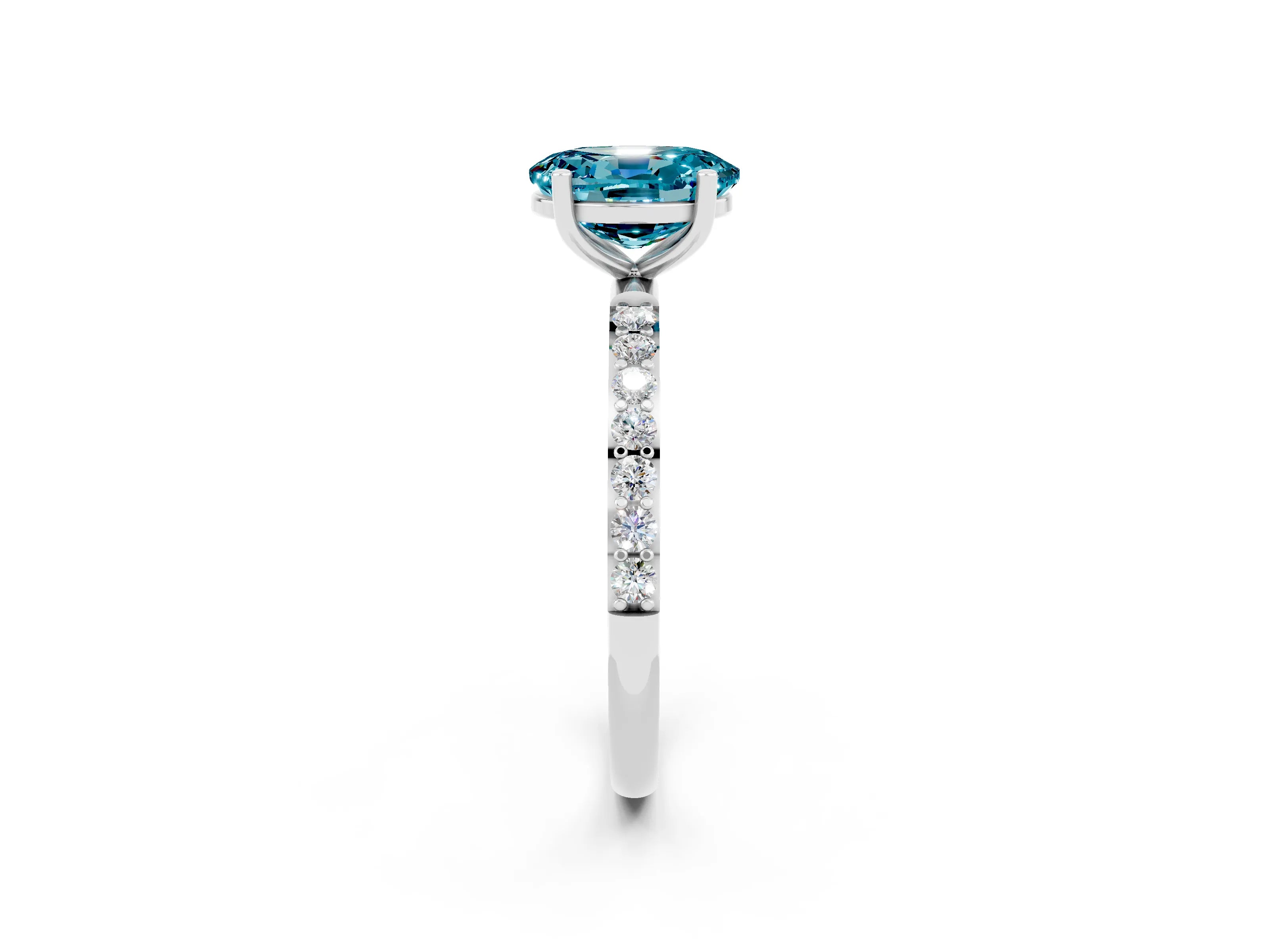 White gold Oval Cut Blue Topaz Solitaire Ring with Pave Band and Four Prong Setting_26