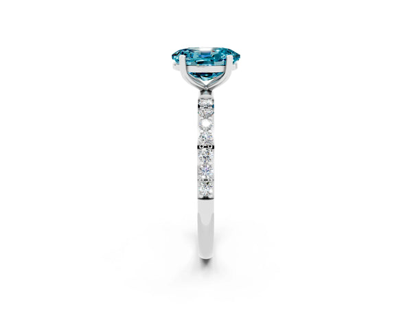 White gold Oval Cut Blue Topaz Solitaire Ring with Round  Pavé Band and Prong Setting