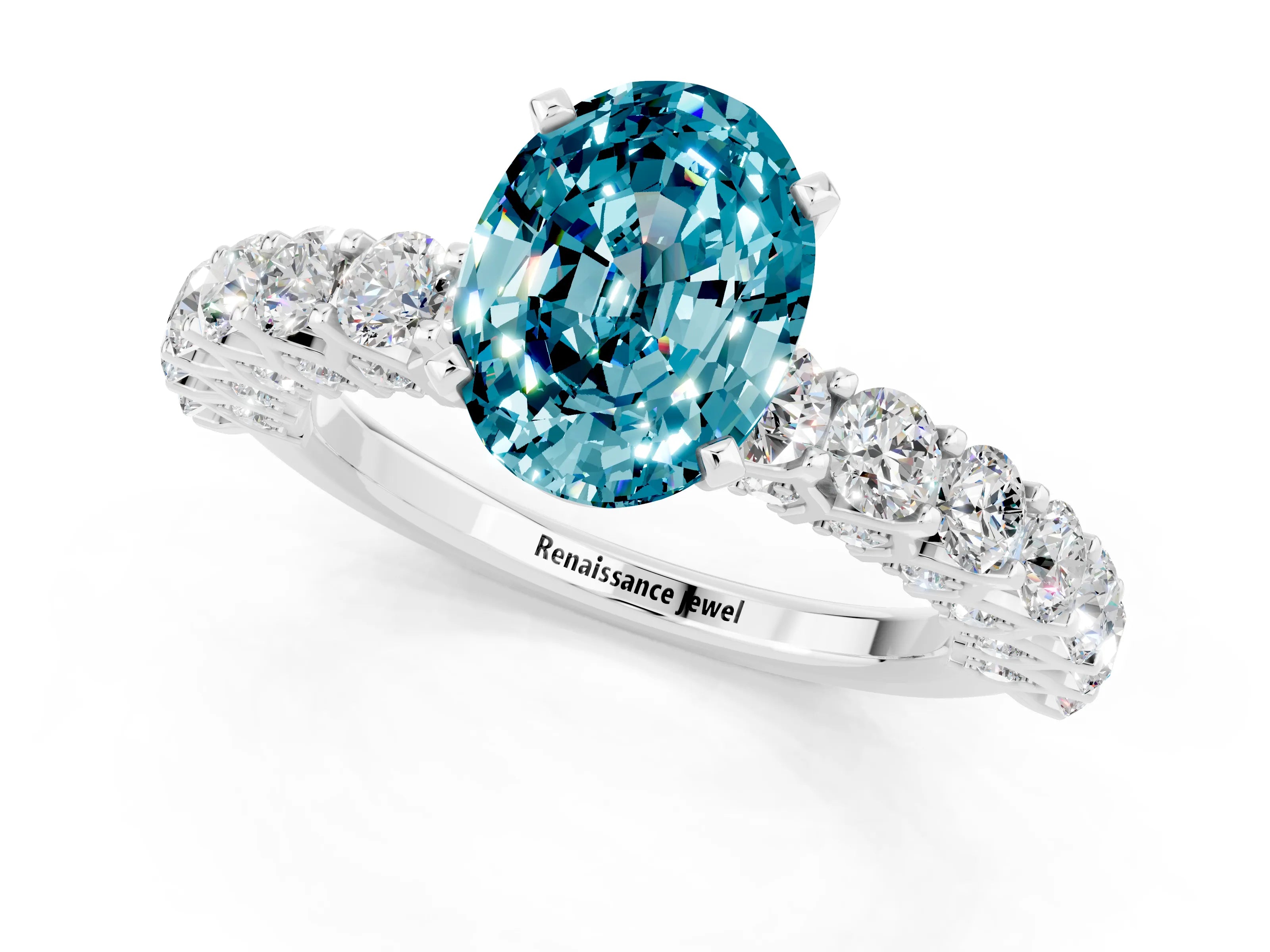 White gold Oval Cut Blue Topaz Solitaire Ring with Shared Prong Pavé Band and Four-Prong Setting_1