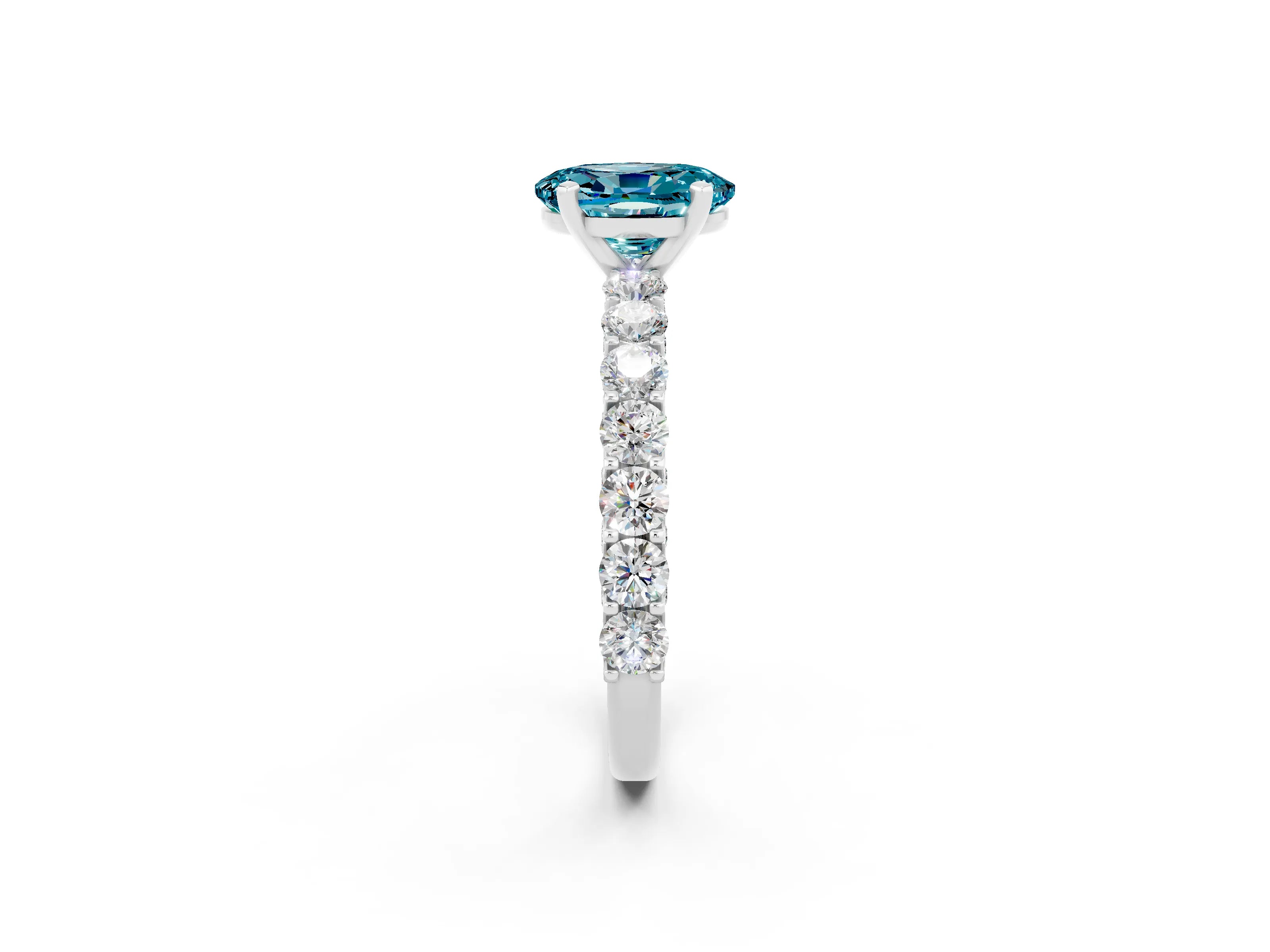 White gold Oval Cut Blue Topaz Solitaire Ring with Shared Prong Pavé Band and Four-Prong Setting_2