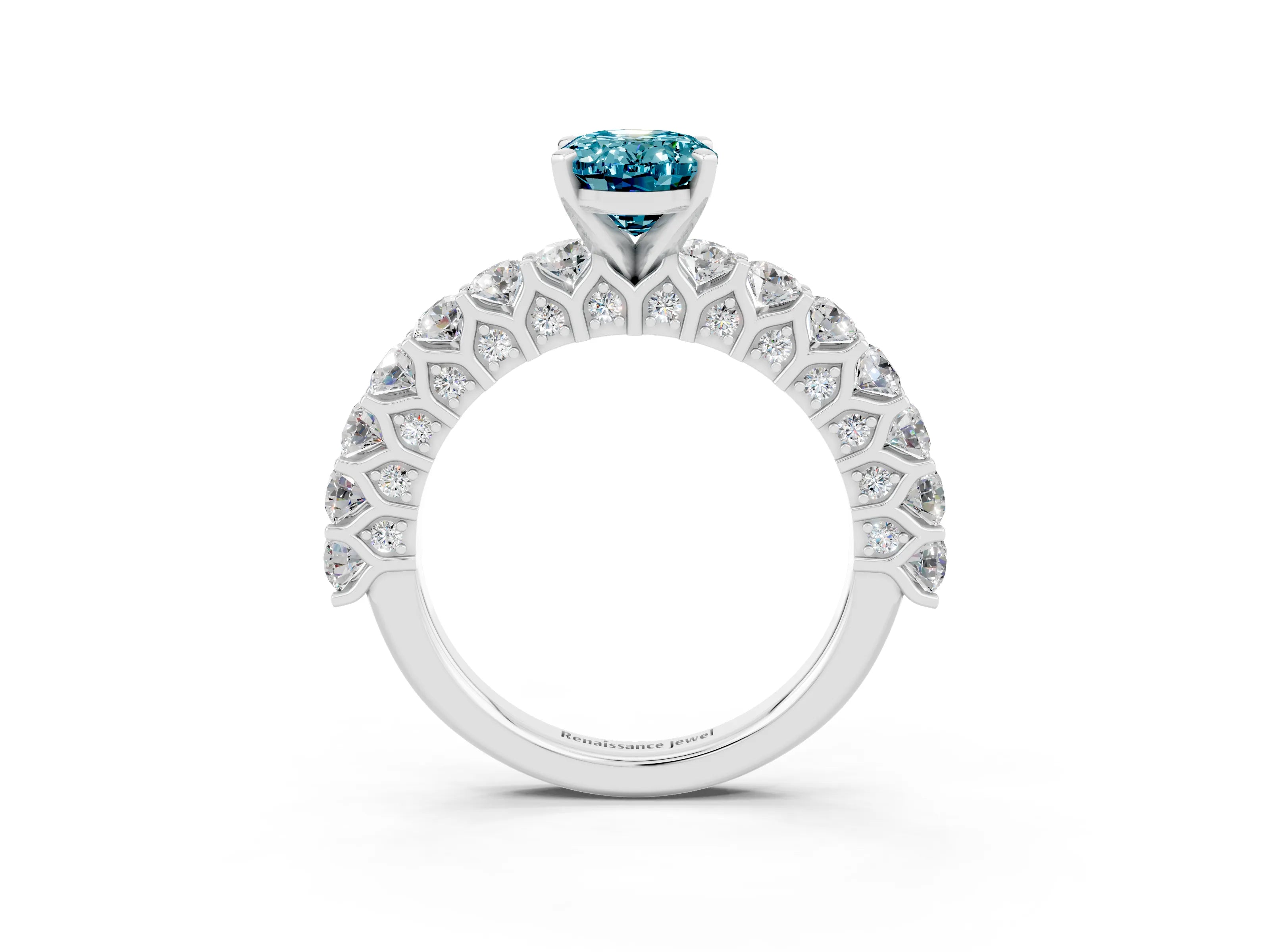 White gold Oval Cut Blue Topaz Solitaire Ring with Shared Prong Pavé Band and Four-Prong Setting_3