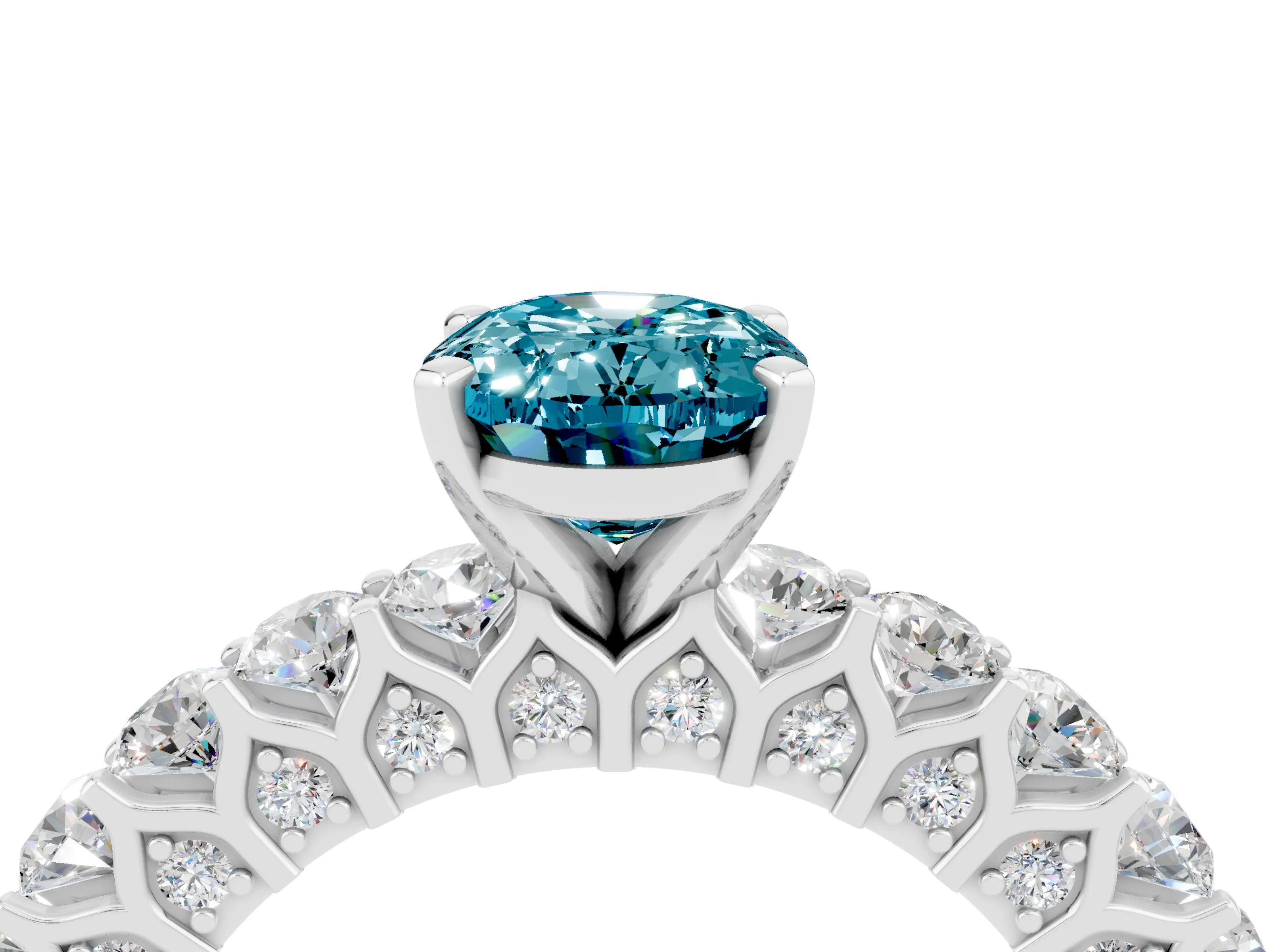 White gold Oval Cut Blue Topaz Solitaire Ring with Shared Prong Pavé Band and Four-Prong Setting_4