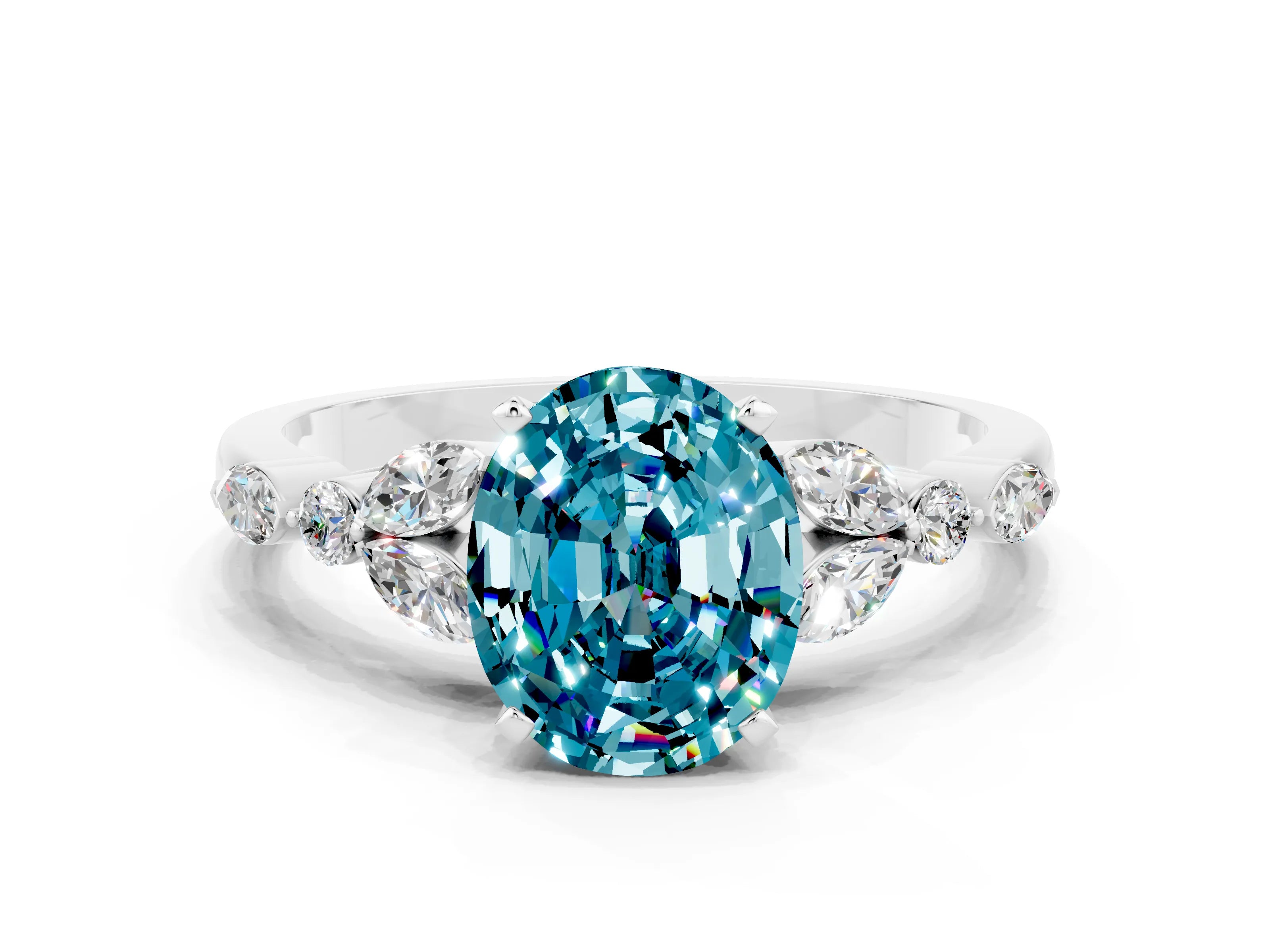White gold Oval Cut Blue Topaz Solitaire Ring with Side Stones and Four-Prong Setting_12