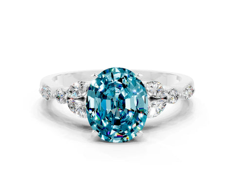 White gold Oval Cut Blue Topaz Solitaire Ring with Side Stones and Four-Prong Setting_12