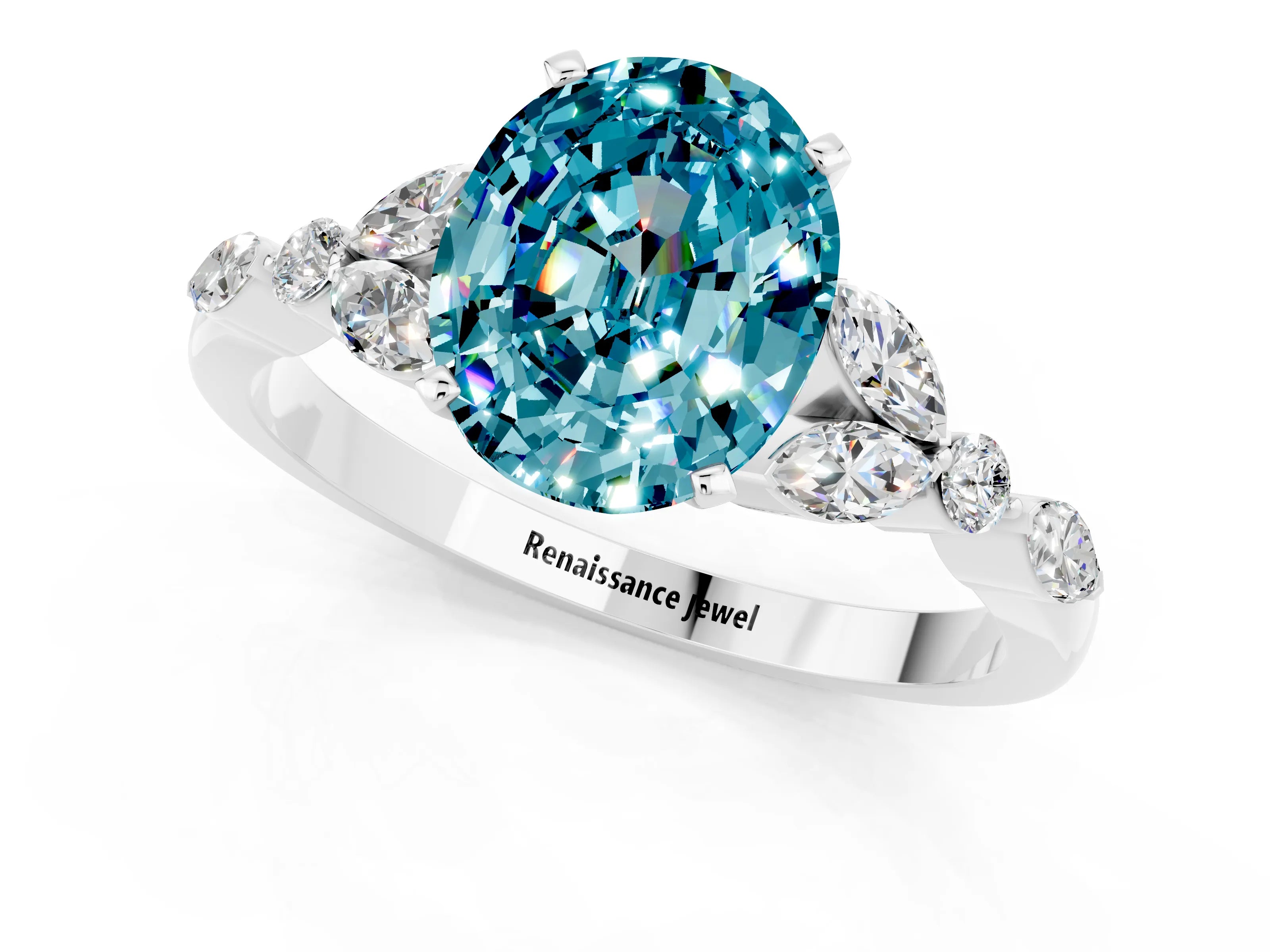 White gold Oval Cut Blue Topaz Solitaire Ring with Side Stones and Four-Prong Setting_13