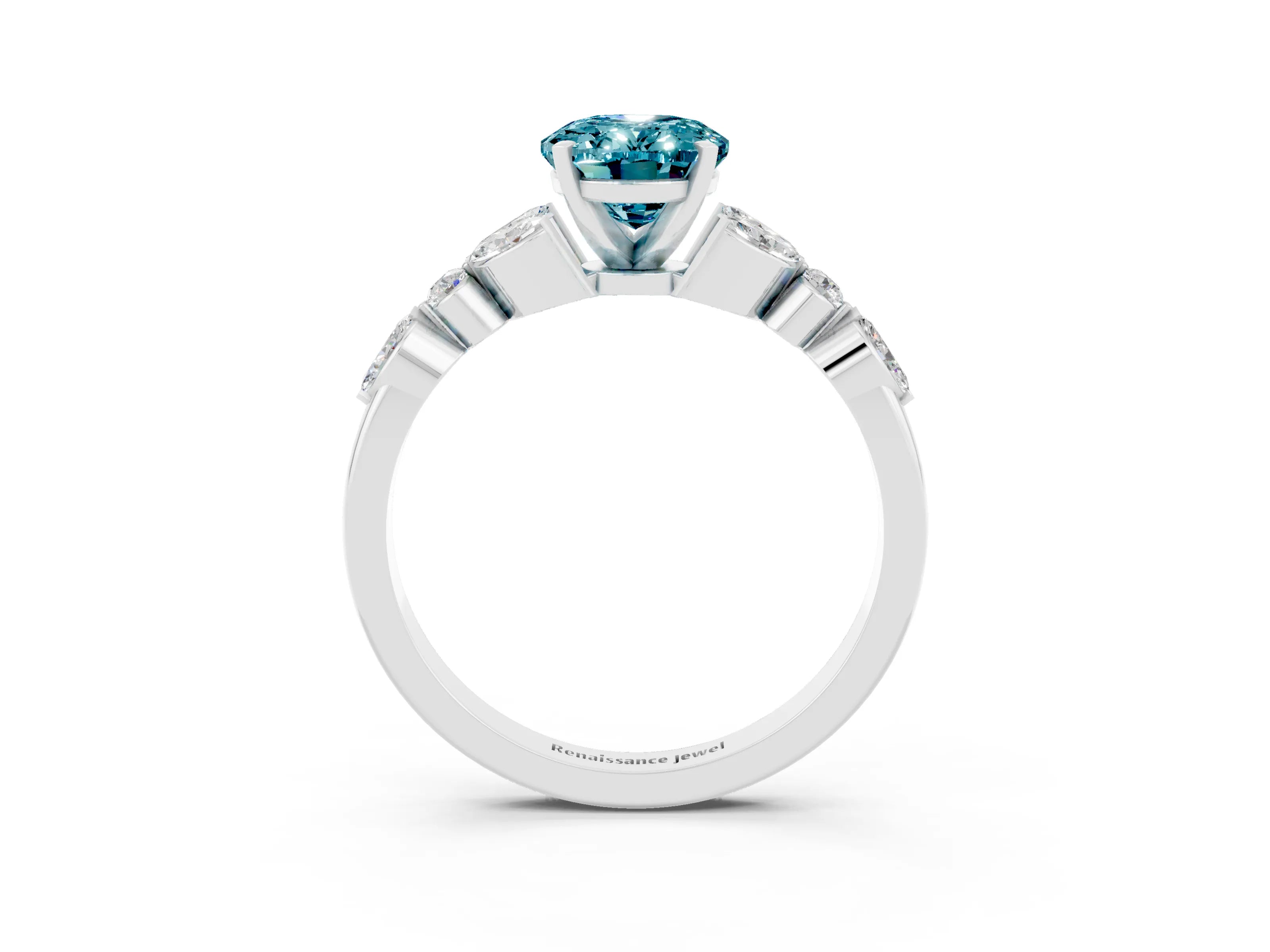 White gold Oval Cut Blue Topaz Solitaire Ring with Side Stones and Four-Prong Setting_15