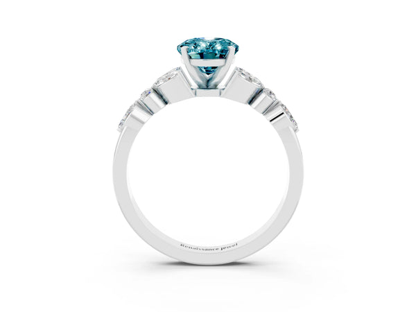 Silver Oval Cut Blue Topaz Solitaire Ring with Side Stones and Four-Prong Setting