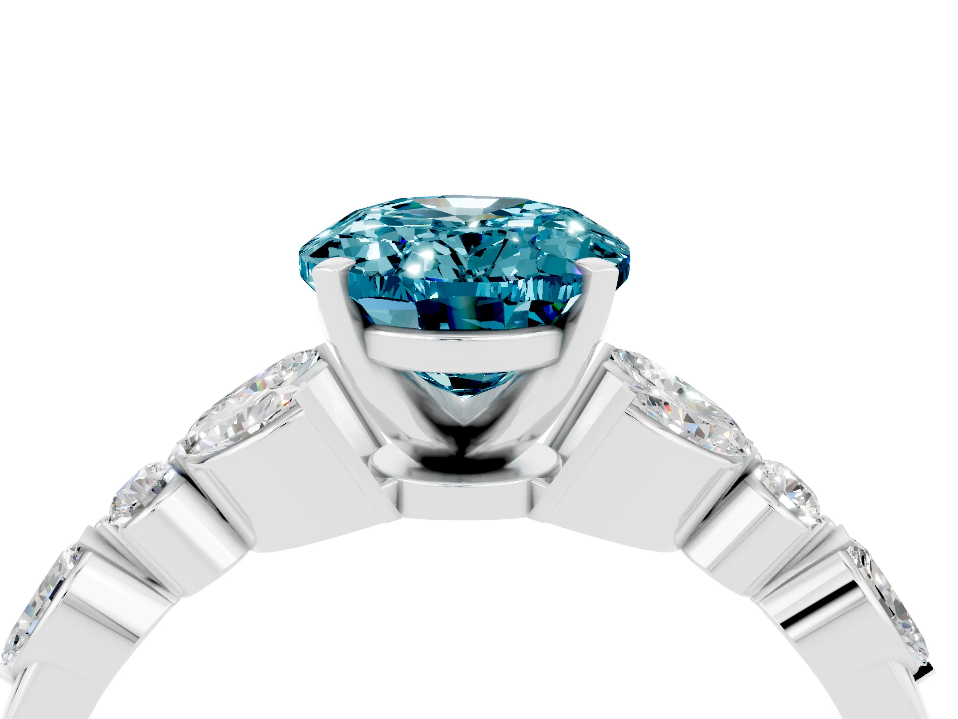 White gold Oval Cut Blue Topaz Solitaire Ring with Side Stones and Four-Prong Setting_16