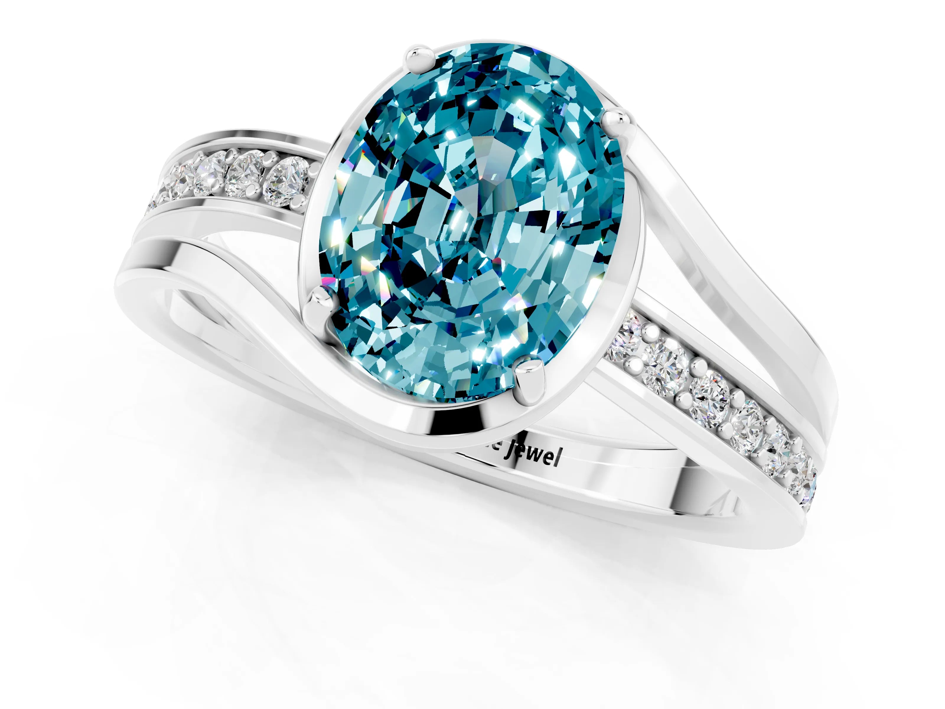 White gold Oval Cut Blue Topaz Solitaire Ring with Split Shank and Prong Setting_1