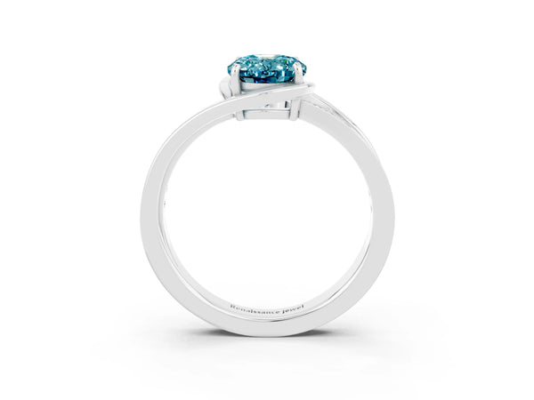 Platinum Oval Cut Blue Topaz Solitaire Ring with Split Shank and Prong Setting