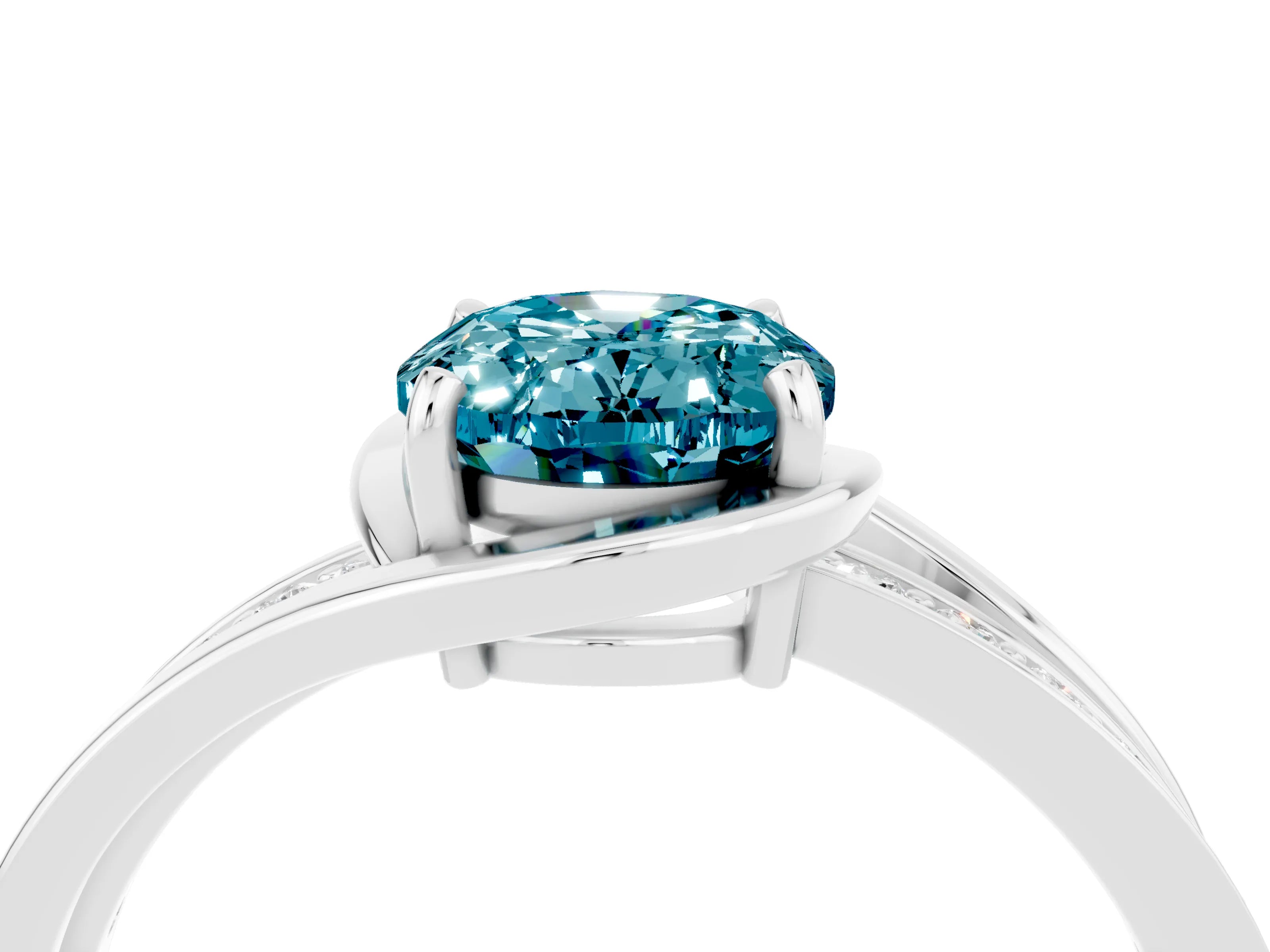 White gold Oval Cut Blue Topaz Solitaire Ring with Split Shank and Prong Setting_4