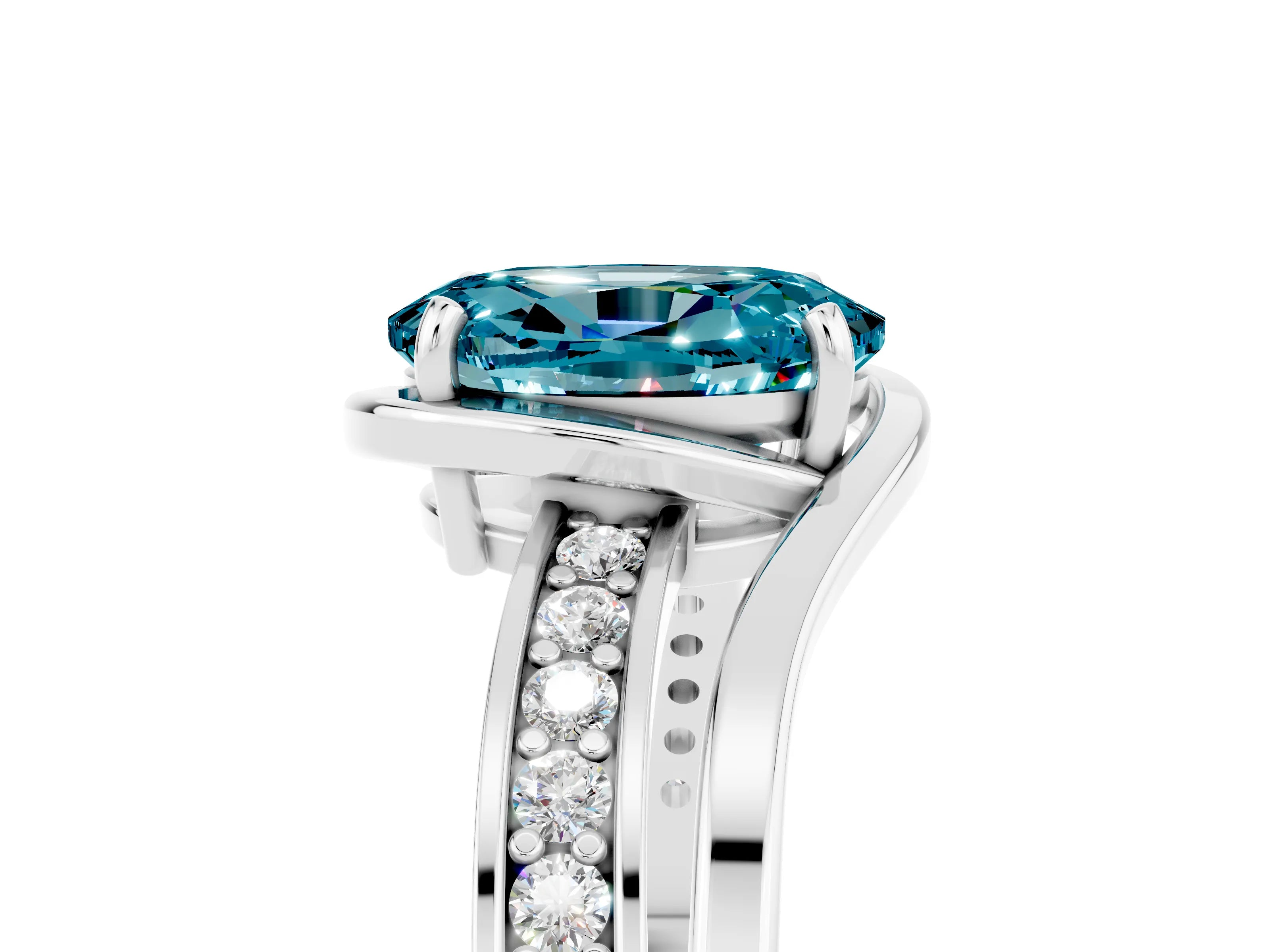 White gold Oval Cut Blue Topaz Solitaire Ring with Split Shank and Prong Setting_5