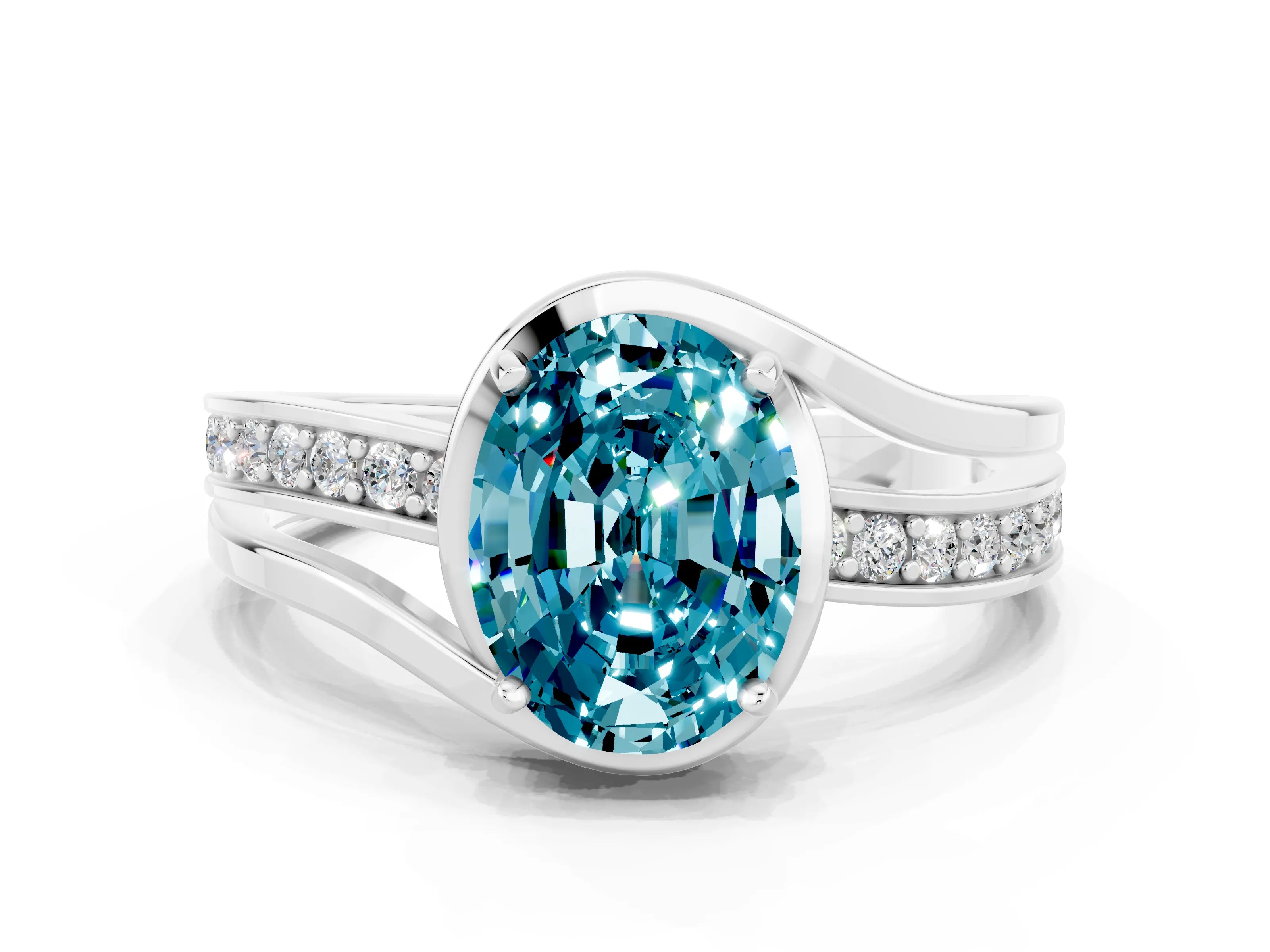 White gold Oval Cut Blue Topaz Solitaire Ring with Split Shank and Prong Setting