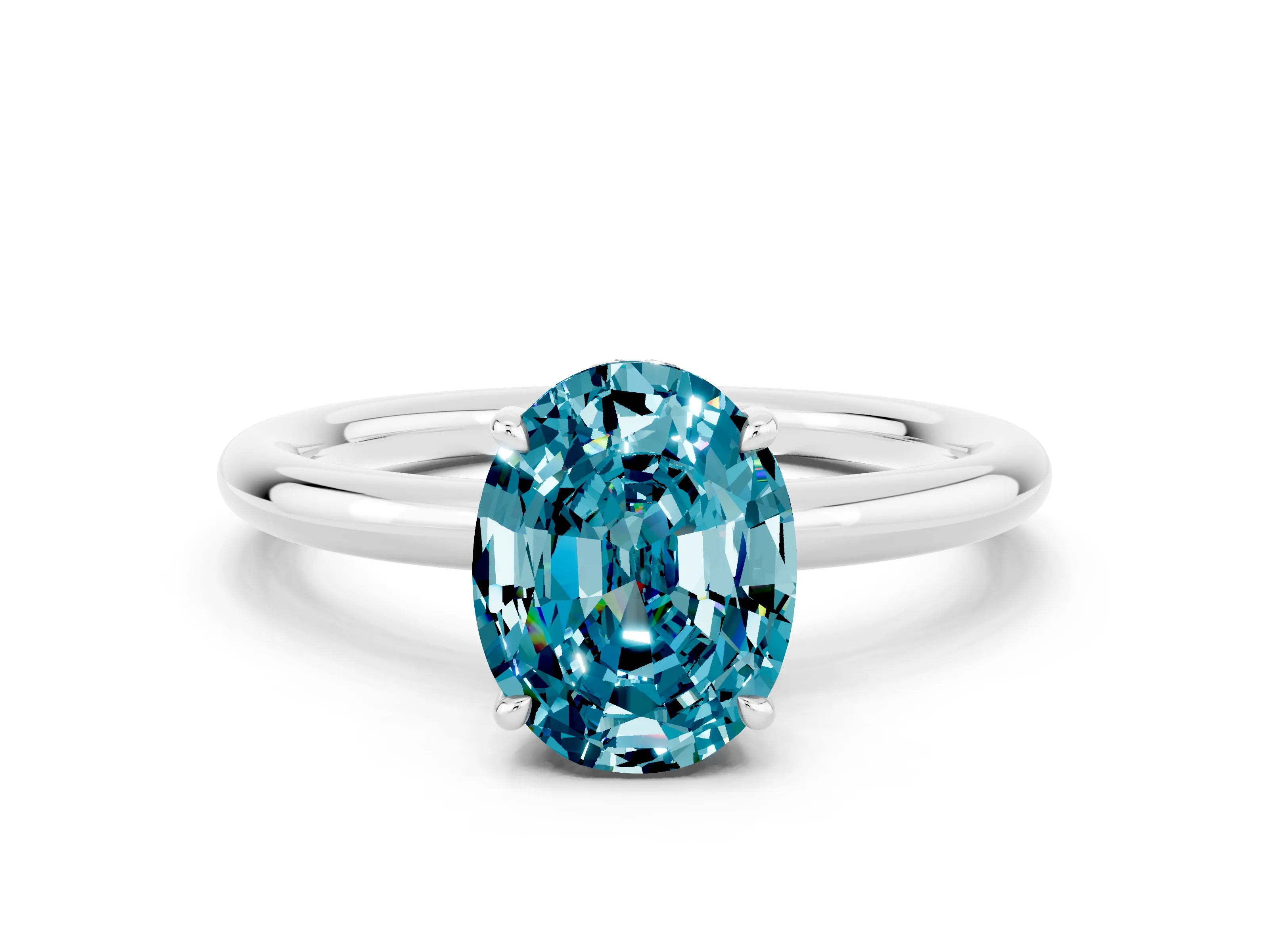 White gold Oval Cut Blue Topaz Solitaire Ring with Thin Band and Four-Prong Setting_12