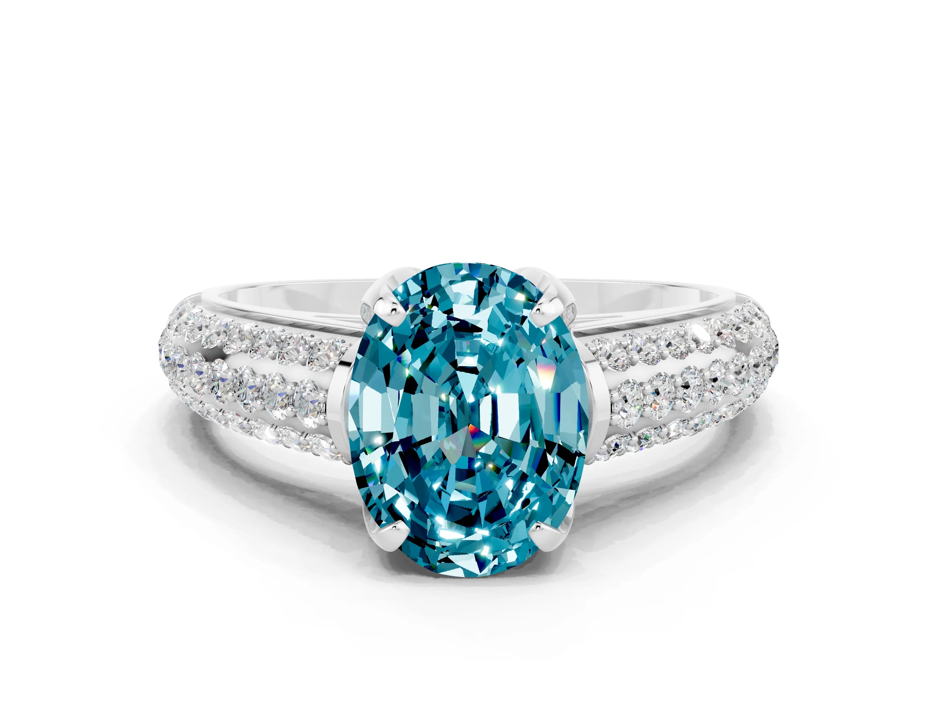 White gold Oval Cut Blue Topaz Solitaire Ring with Three-Row Pavé Band and Four-Prong Setting_12