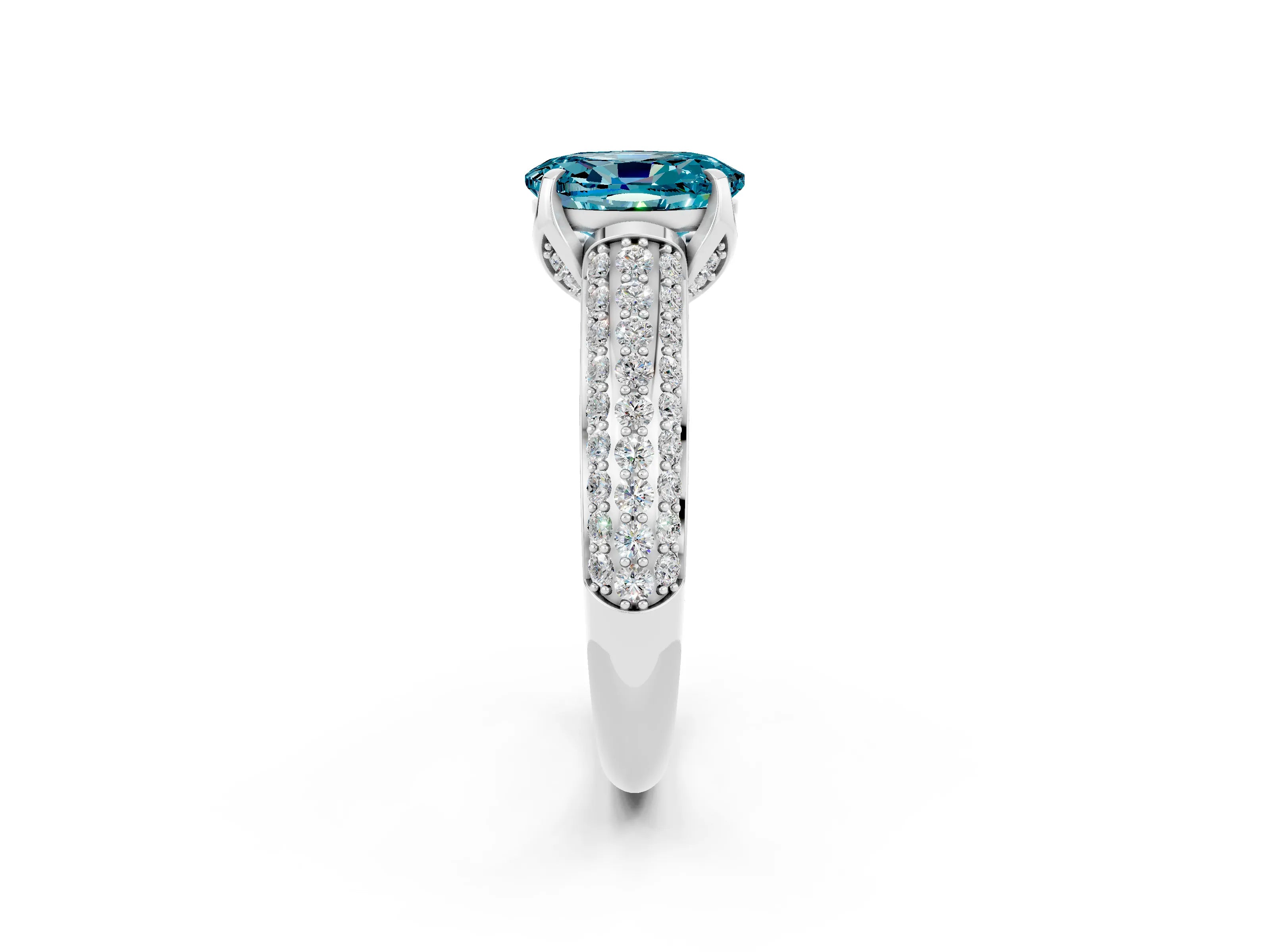 White gold Oval Cut Blue Topaz Solitaire Ring with Three-Row Pavé Band and Four-Prong Setting_14