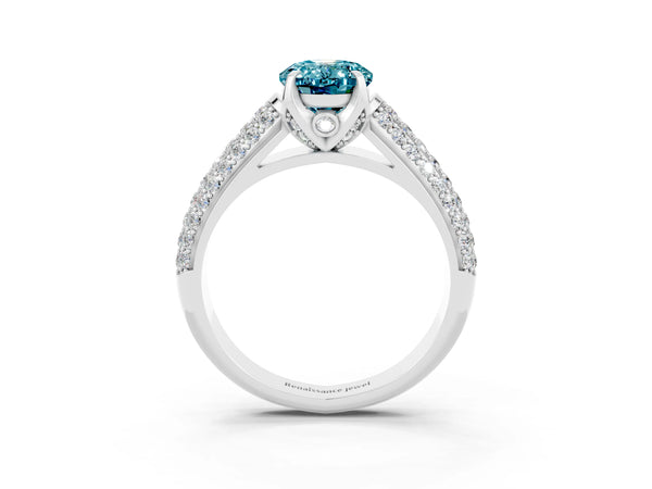 Platinum Oval Cut Blue Topaz Solitaire Ring with Three-Row Pavé Band and Four-Prong Setting