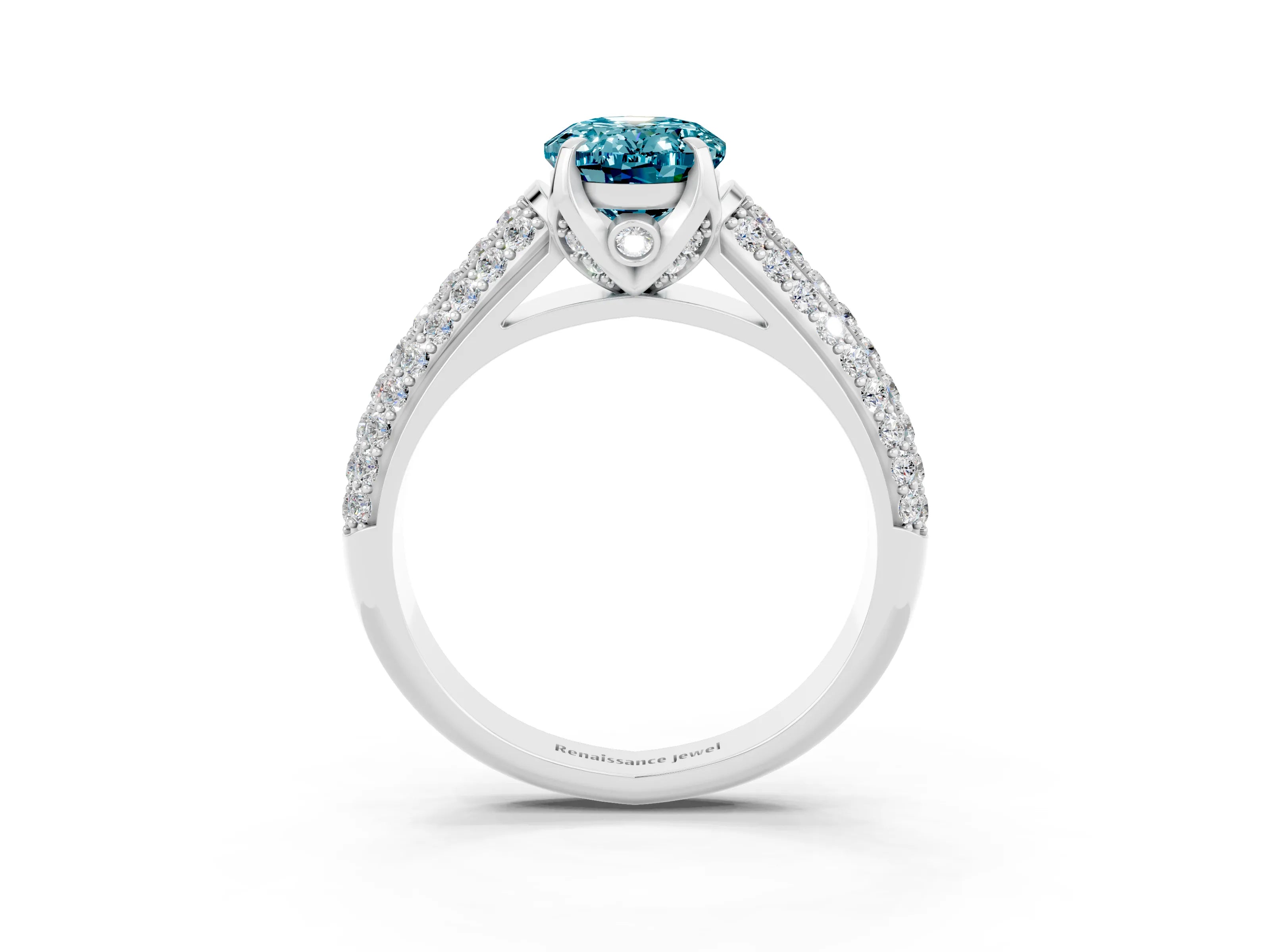 White gold Oval Cut Blue Topaz Solitaire Ring with Three-Row Pavé Band and Four-Prong Setting_15