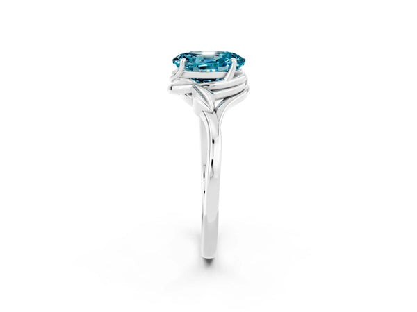 Platinum Oval Cut Blue Topaz Solitaire Ring with Twist Band and Four-Prong Setting