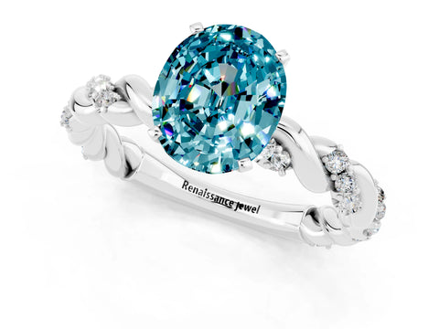 White gold Oval Cut Blue Topaz Solitaire Ring with Twisted Band and Pavé Accents_1