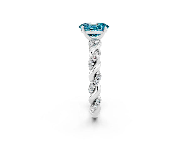 Platinum Oval Cut Blue Topaz Solitaire Ring with Twisted Band and Pavé Accents
