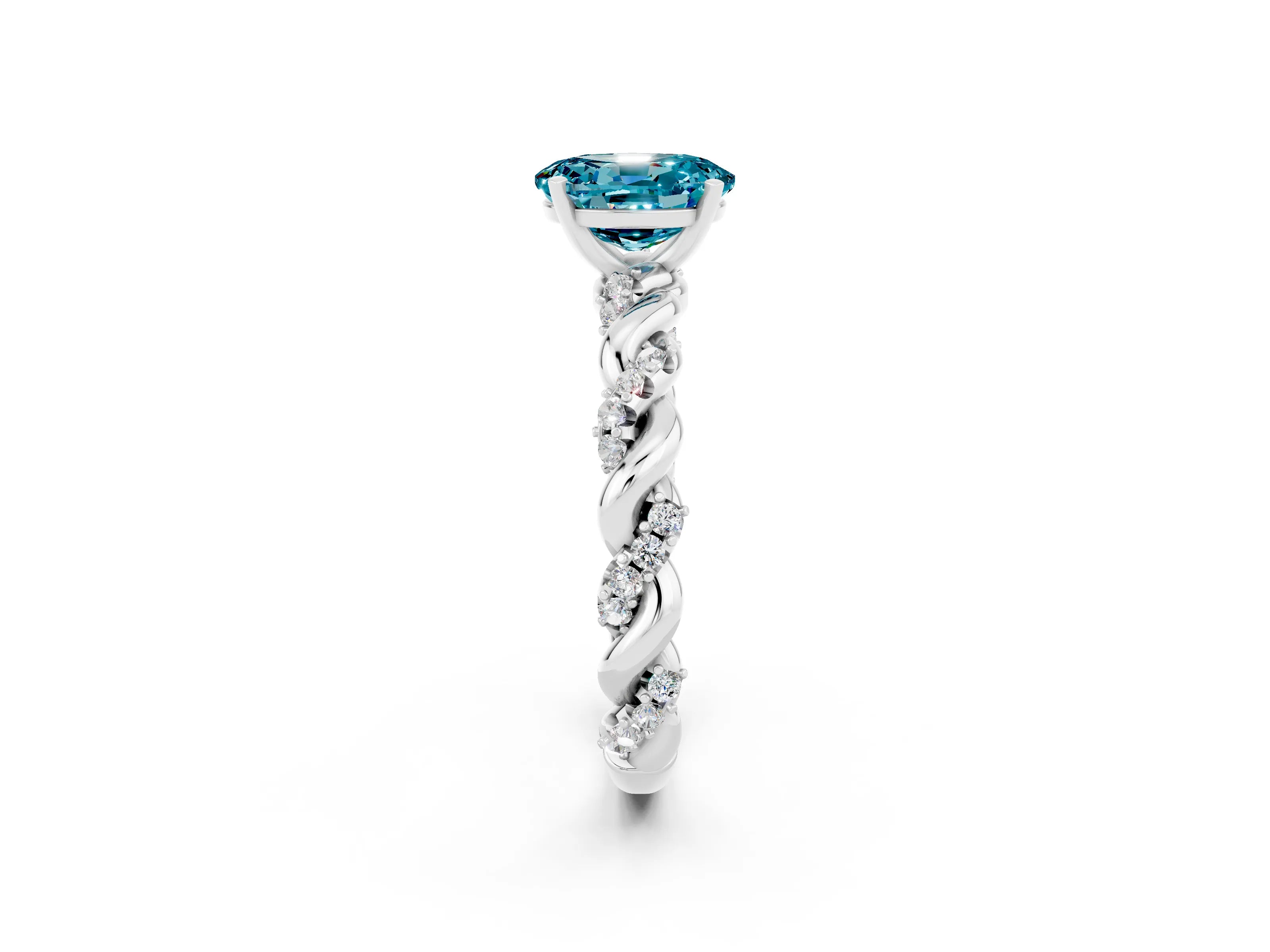 White gold Oval Cut Blue Topaz Solitaire Ring with Twisted Band and Pavé Accents_2
