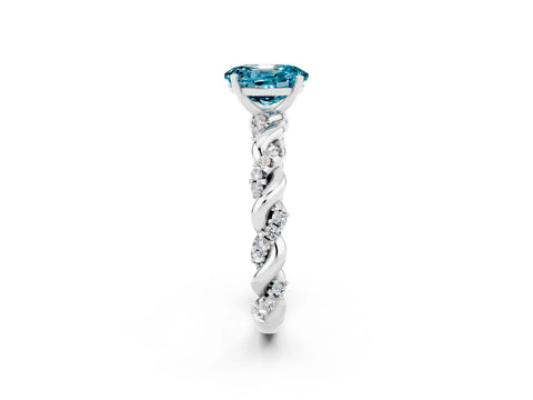 White gold Oval Cut Blue Topaz Solitaire Ring with Twisted Band and Pavé Accents_2