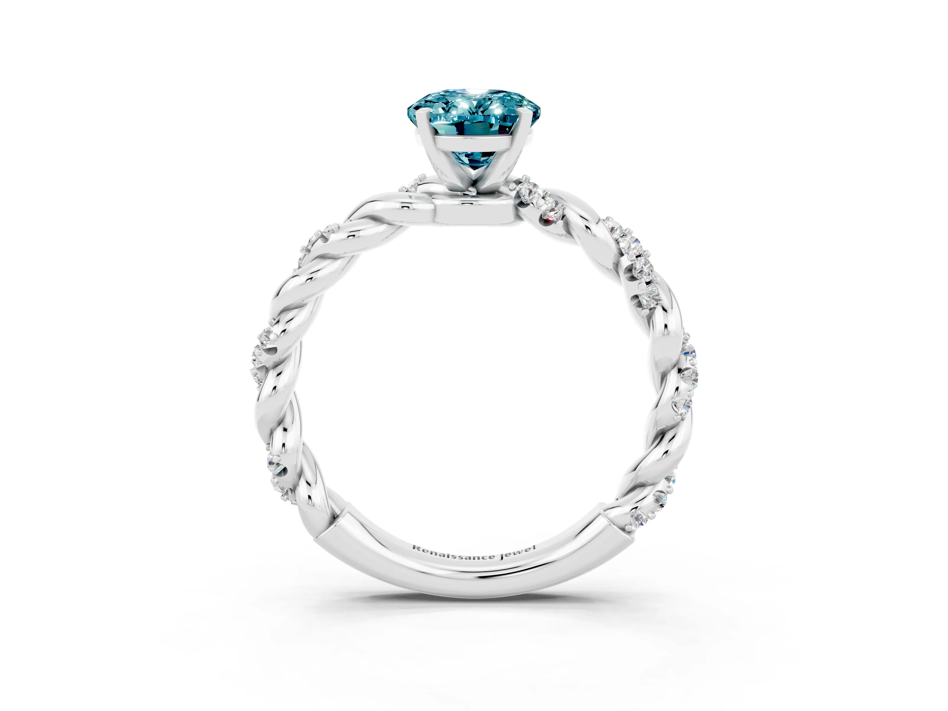 White gold Oval Cut Blue Topaz Solitaire Ring with Twisted Band and Pavé Accents_3
