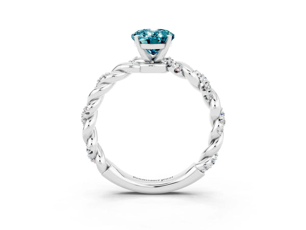 Silver Oval Cut Blue Topaz Solitaire Ring with Twisted Band and Pavé Accents