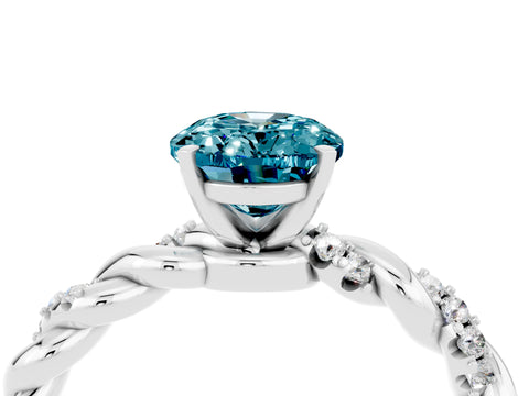 White gold Oval Cut Blue Topaz Solitaire Ring with Twisted Band and Pavé Accents_4