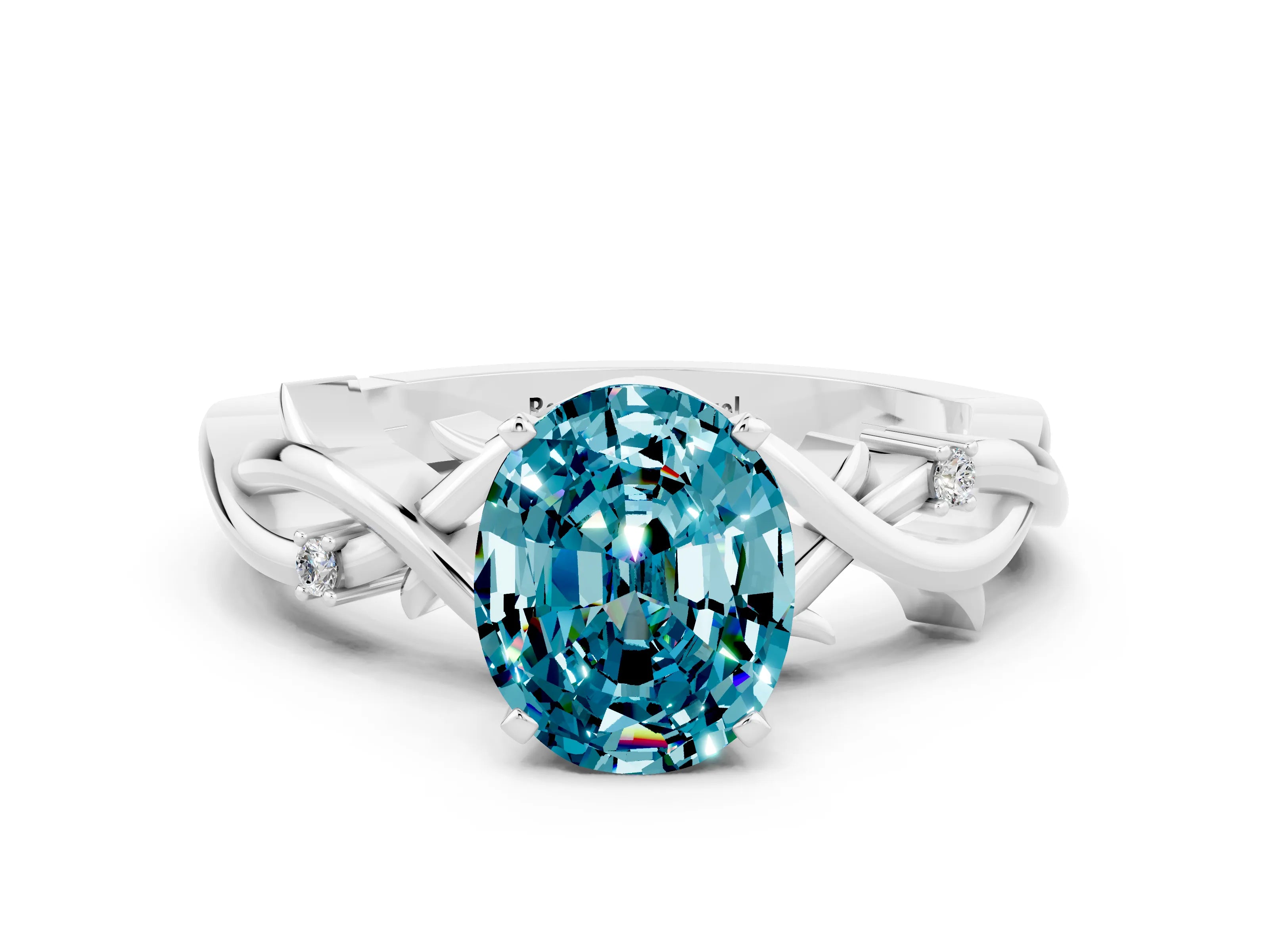 White gold Oval Cut Blue Topaz Solitaire Ring with Twisted Band and Prong Setting