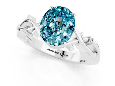 White gold Oval Cut Blue Topaz Solitaire Ring with Twisted Band and Prong Setting_13