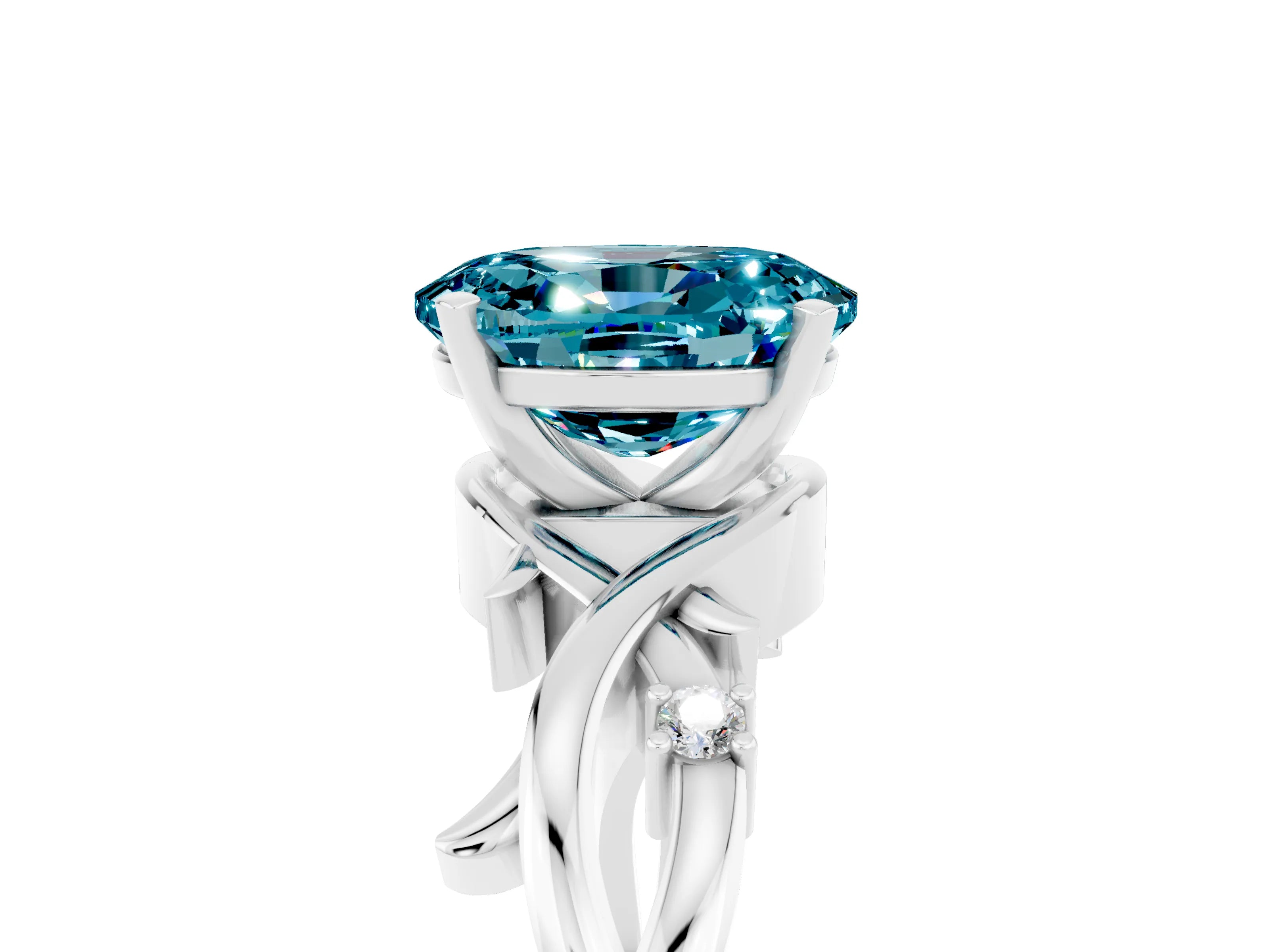 White gold Oval Cut Blue Topaz Solitaire Ring with Twisted Band and Prong Setting_5