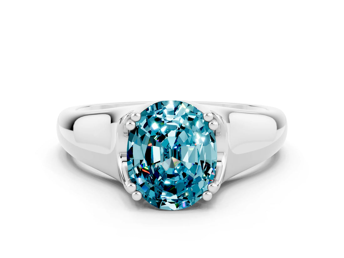 White gold Oval Cut Blue Topaz Solitaire Ring with Wide Band and Prong Setting