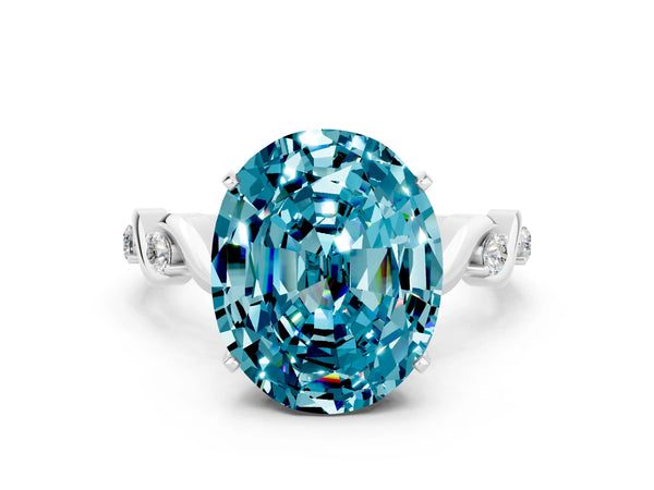 Platinum Oval Cut Blue Topaz Solitaire Twisted Band with Round  Accents and Prong Setting