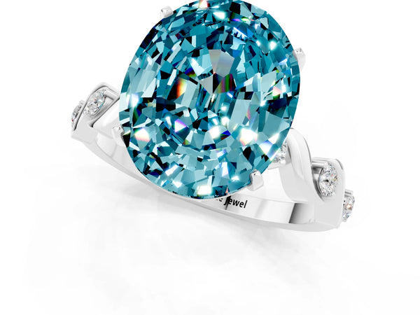 Silver Oval Cut Blue Topaz Solitaire Twisted Band with Round  Accents and Prong Setting