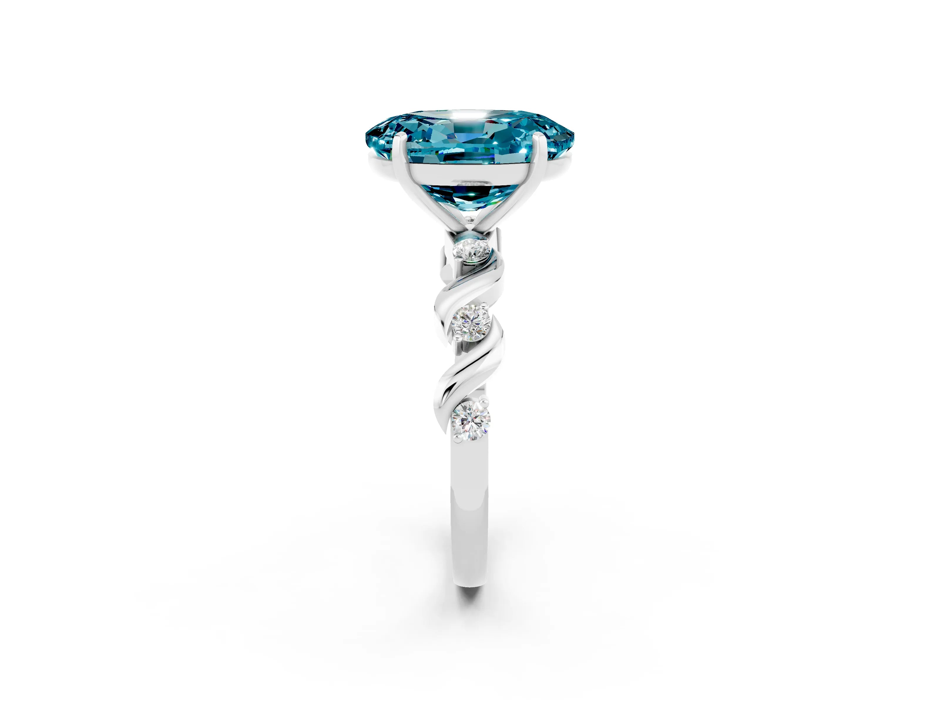 White gold Oval Cut Blue Topaz Solitaire Twisted Band with Round  Accents and Prong Setting_14