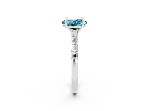 Platinum Oval Cut Blue Topaz Solitaire with Side Baguettes and Channel Set Band