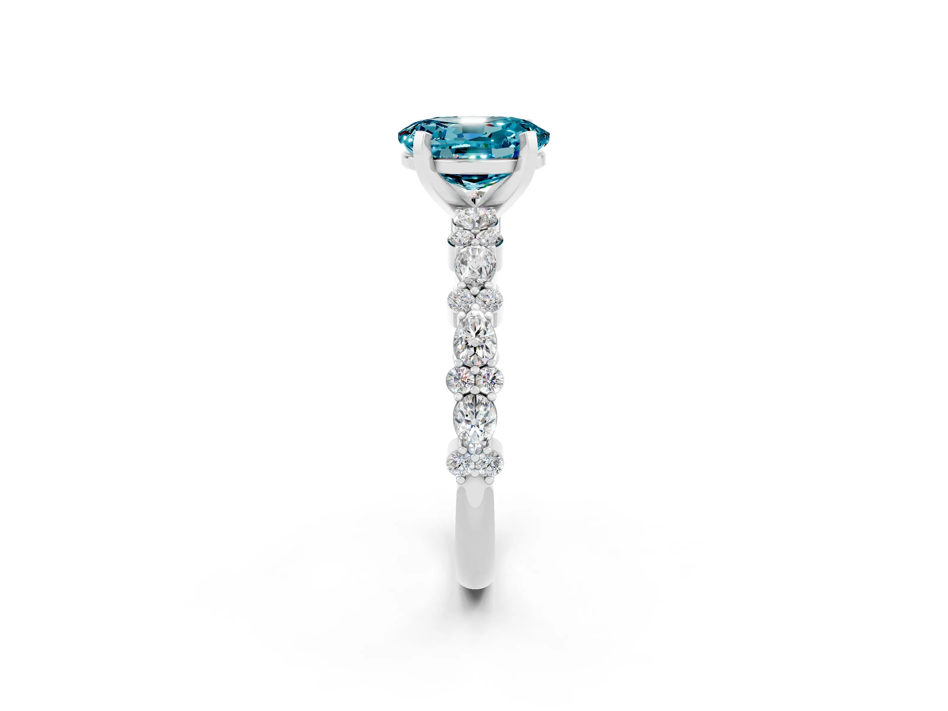 White gold Oval Cut Blue Topaz Solitaire with Side Stones, Pave Band, Four-Prong Setting_26