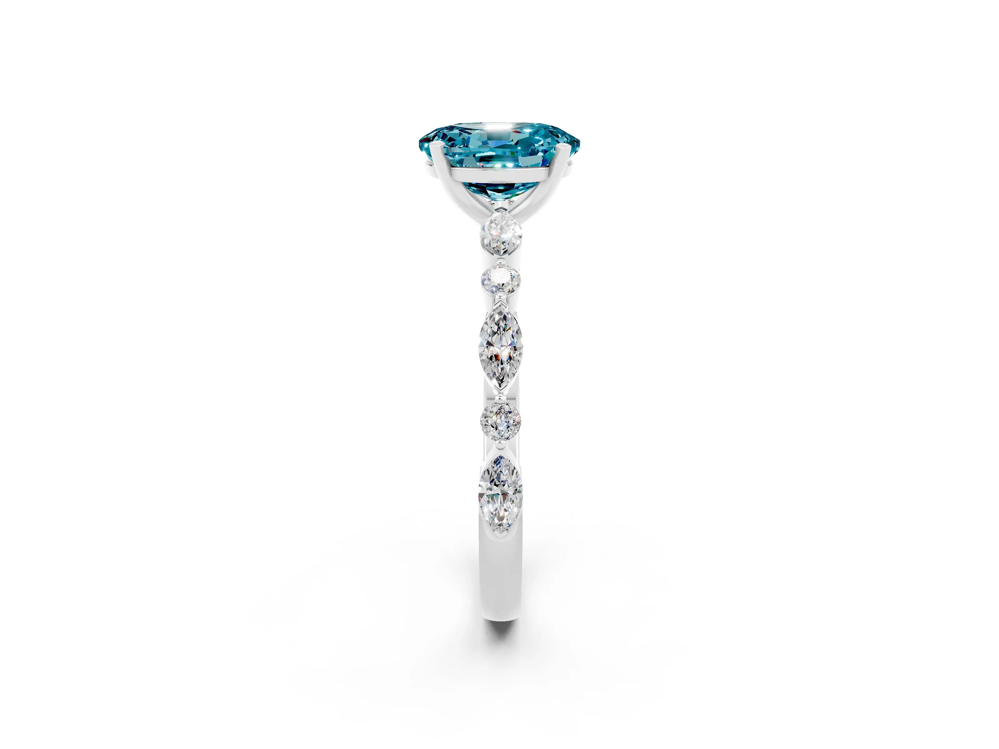 White gold Oval Cut Blue Topaz Solitaire with Side Stones on a Pavé Band and Four-Prong Setting_2
