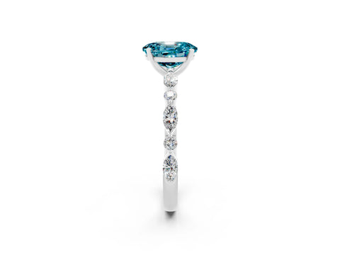 White gold Oval Cut Blue Topaz Solitaire with Side Stones on a Pavé Band and Four-Prong Setting_2